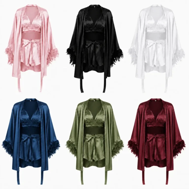 Women-Satin-Feather-Trim-Pajama-Set-Sexy-Camisole-Top-Tie-Shorts-Open-Front-Robe-Loungewear-Sleepwear