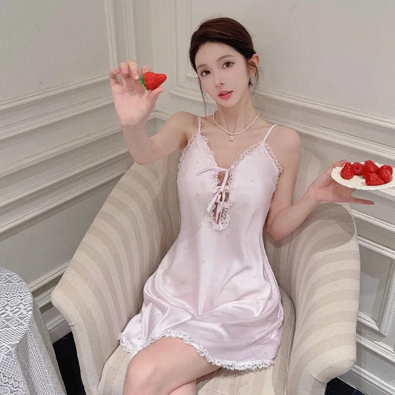Women Sexy Nightdress Pure Desire Sweet Princess Style Thin Sling Nightgown Cute Lace Trim Loungewear