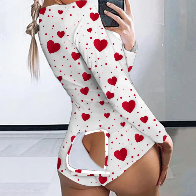Women Sexy Printed Long Sleeve Onesie Pyjamas Sleepwear Butt Flap Adult Summer Home Bodycon Romper Jumpsuit