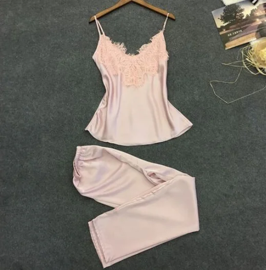 Women-Silk-Pajamas-Camisole-Trousers-Soft-Sleepwear-Suit-Comfortable-Pajamas-Set