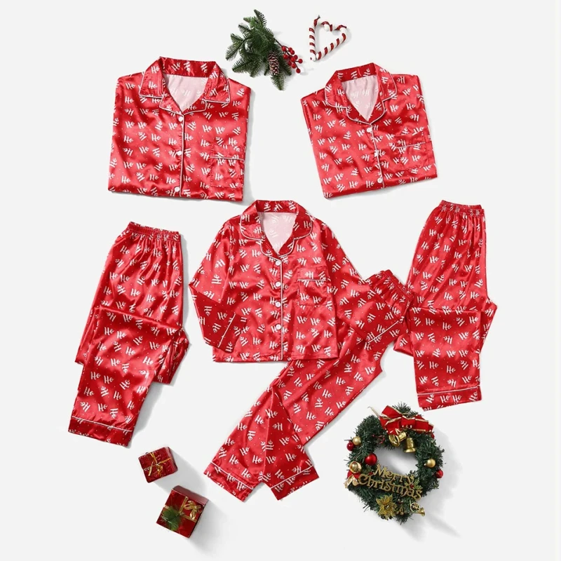 Women Silk Satin Pajamas Long Sleeve Sleepwear Christmas Pajamas Sets Family Matching