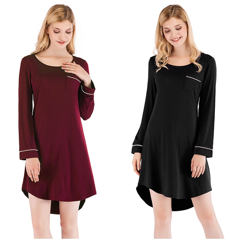 Women Soft Bamboo Pajamas Loungewear Round Neck Nightdress Pjs With Pocket Solid Fiber Bamboo Nightgown Sleep Dress