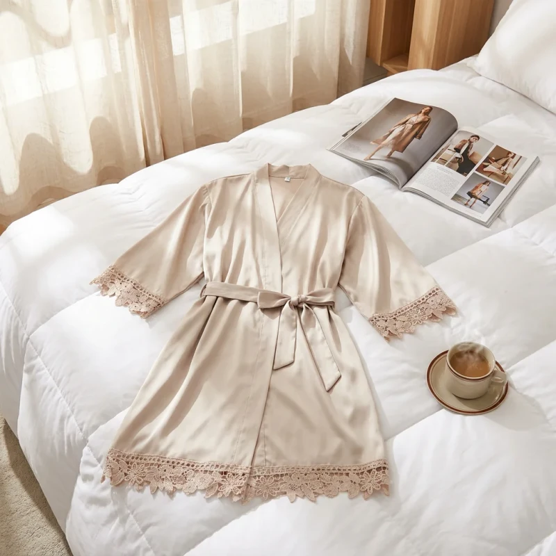 Women Soft Silky Satin Lace Bridal Robes Plus Size Bridesmaid Satin Robe