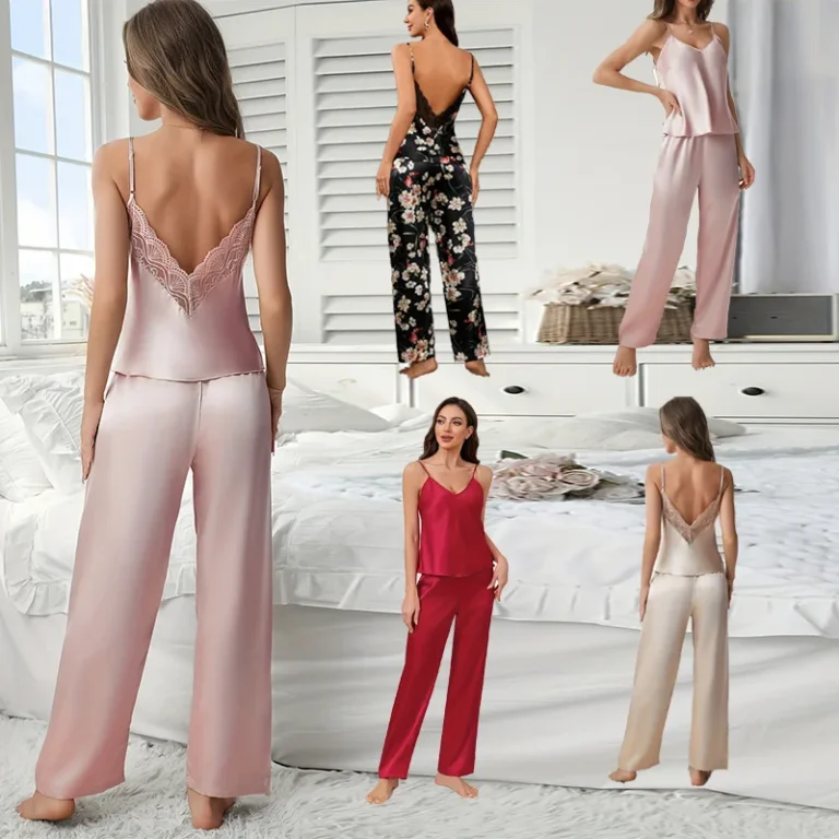 Women-Summer-Lace-trimmed-Camisole-and-Pants-Set-with-Anti-Bacterial-V-neck-Sexy-and-Comfortable-Lounge-Pajamas