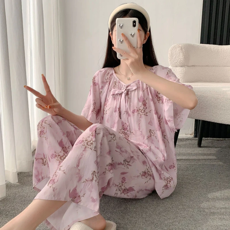 Women Summer Pajamas Suit Short Sleeve Top Wide Leg Pants Two-Piece Lady Comfortable Casual Home-wear Set