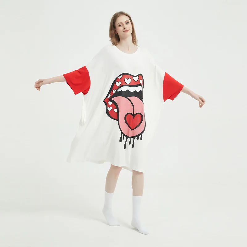 Women Super Soft Long Sleep Dress Short Sleeve Round Neck Sweatshirt Pajamas Bamboo Sleepwear Sleep Dress Sleep Tee