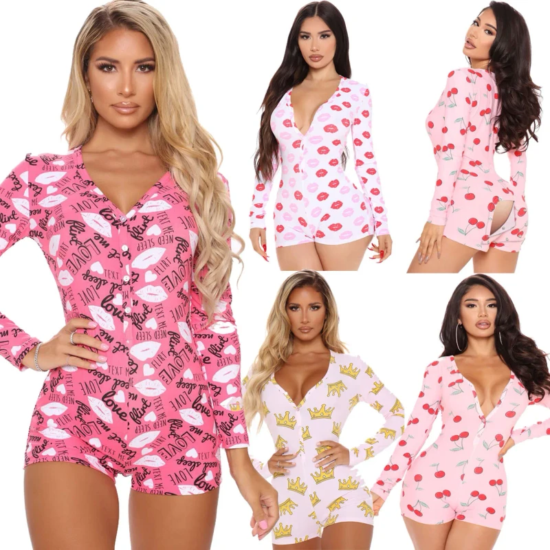 Women Valentines One Piece Sleepwear Home Pajamas Adult Valentine's Day Outfit Jumpsuit