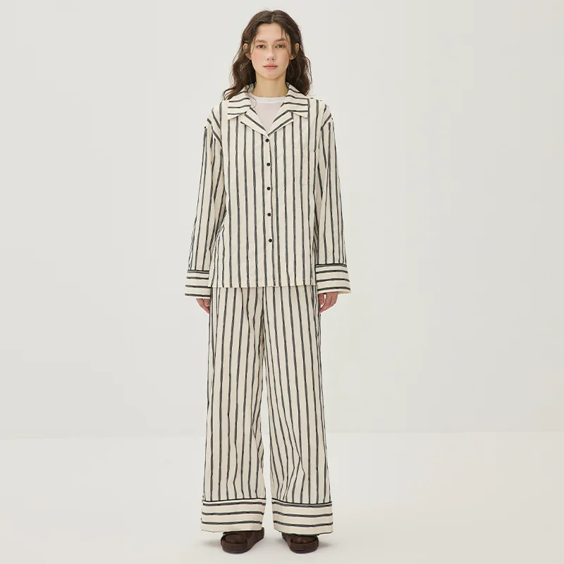Women's 100% Cotton Breathable Soft Long Sleeve Elastic Waist Striped Woven Casual Loose Fit Pajamas Set