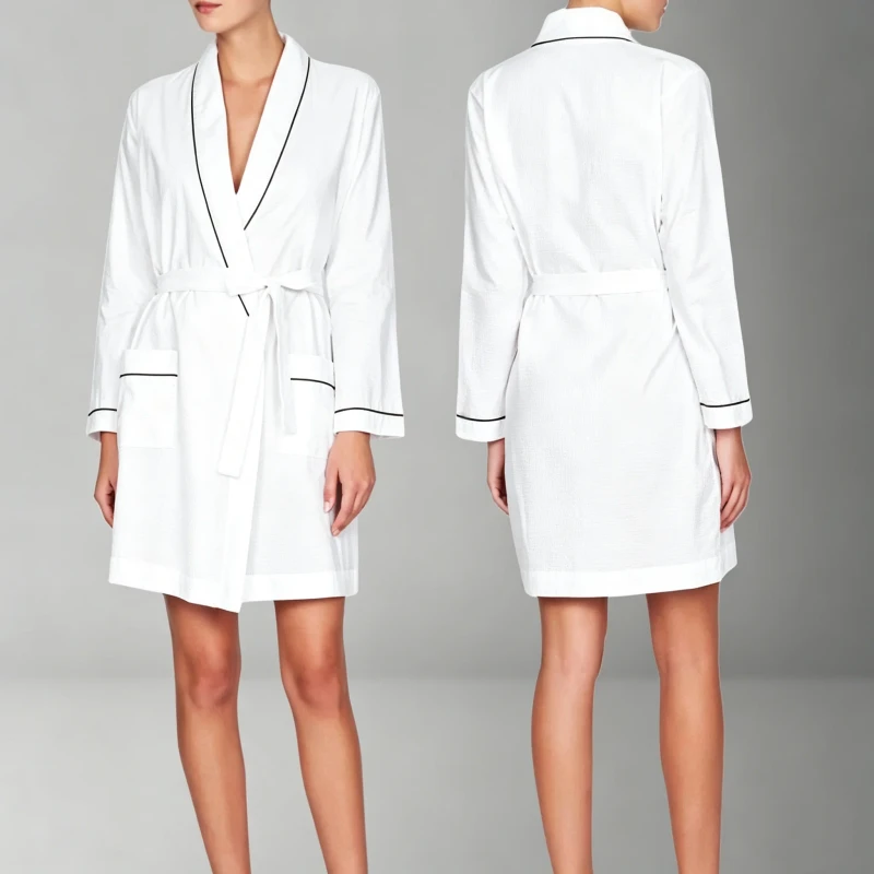 Women's 100% Cotton Solid Spa Organic V-neck Robes Lightweight Long Sleeve Piped Kimono Bathrobe Soft
