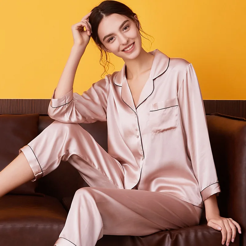 Women's 100% Mulberry Silk Summer Autumn Long Sleeve Two Piece Full Length Pajamas Set Breathable Cool Loungewear