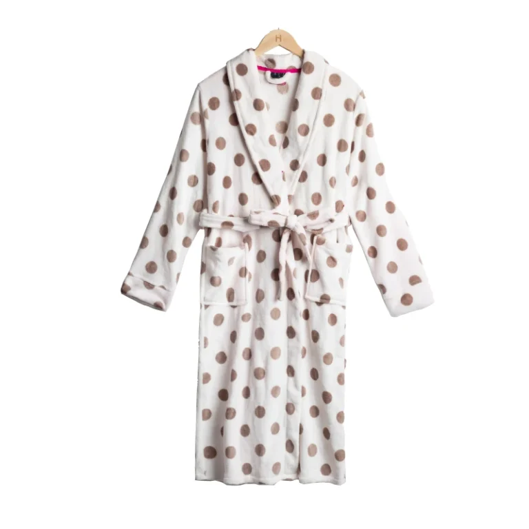 Womens-100-Polyester-Warm-Fleece-V-neck-Robe-Long-Plush-Bathrobe-Sleepwear-Dots-Pattern-Drawstring-Closure-Quick-Dry-Nightgown