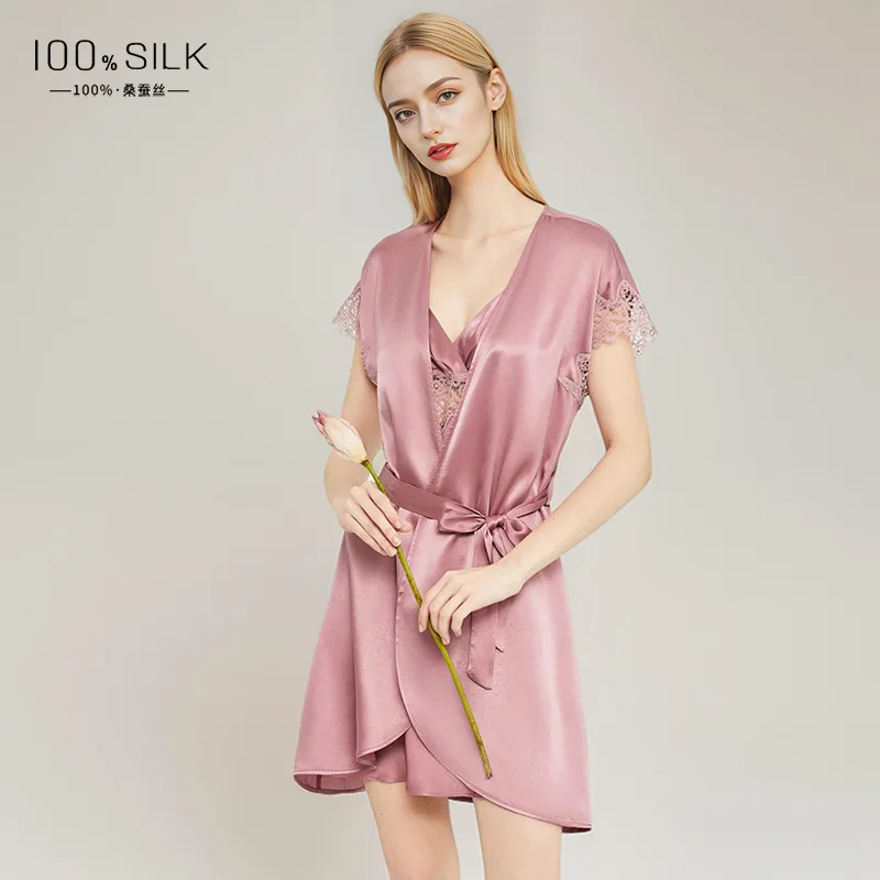 Women's 100% Silk Nightgown Breathable Sleeveless Robe Lace Summer Pajamas