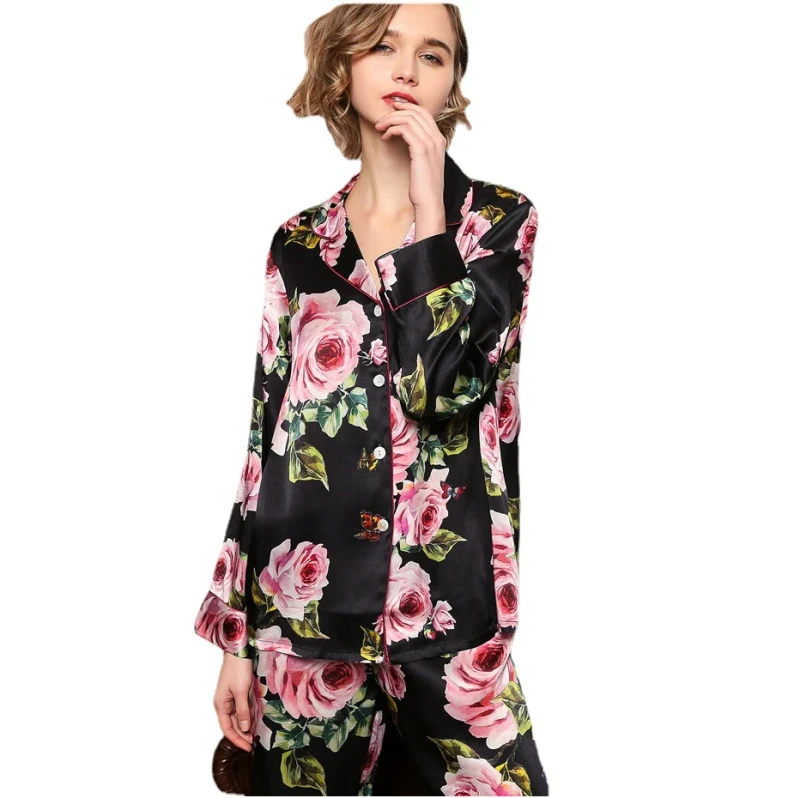 Women's 100% Silk Satin Pajamas Set Custom Style Sleepwear Spring Floral Pattern Long Sleeves