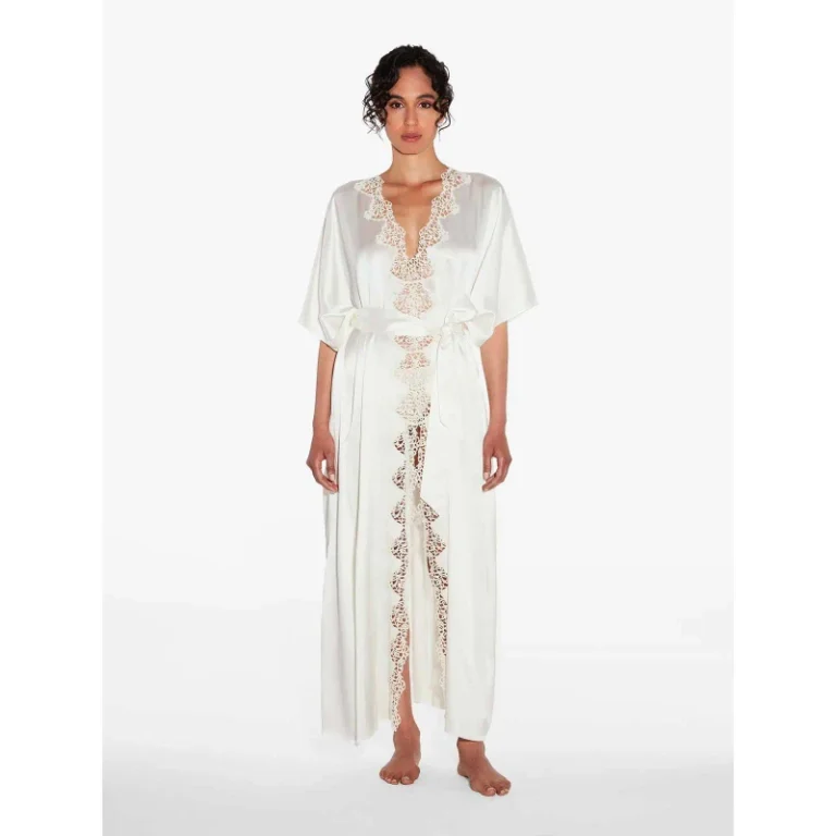 Womens-100-Silk-V-neck-Full-Length-Lace-Trim-Wedding-Honeymoon-Summer-Robe-with-Elastic-Waist