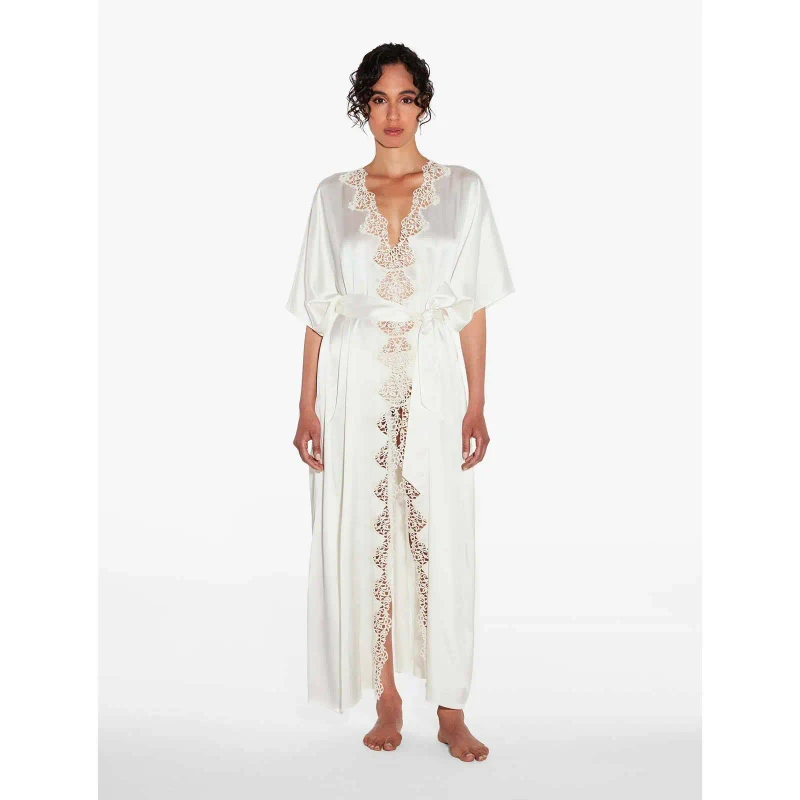 Women's 100% Silk V-neck Full Length Lace Trim Wedding Honeymoon Summer Robe with Elastic Waist