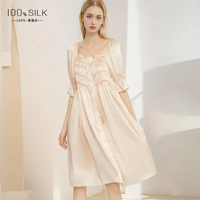 Women's 19mm Heavyweight Silk Nightgown 100% Mulberry Silk Mid Length French Retro Court Style Dress Loungewear