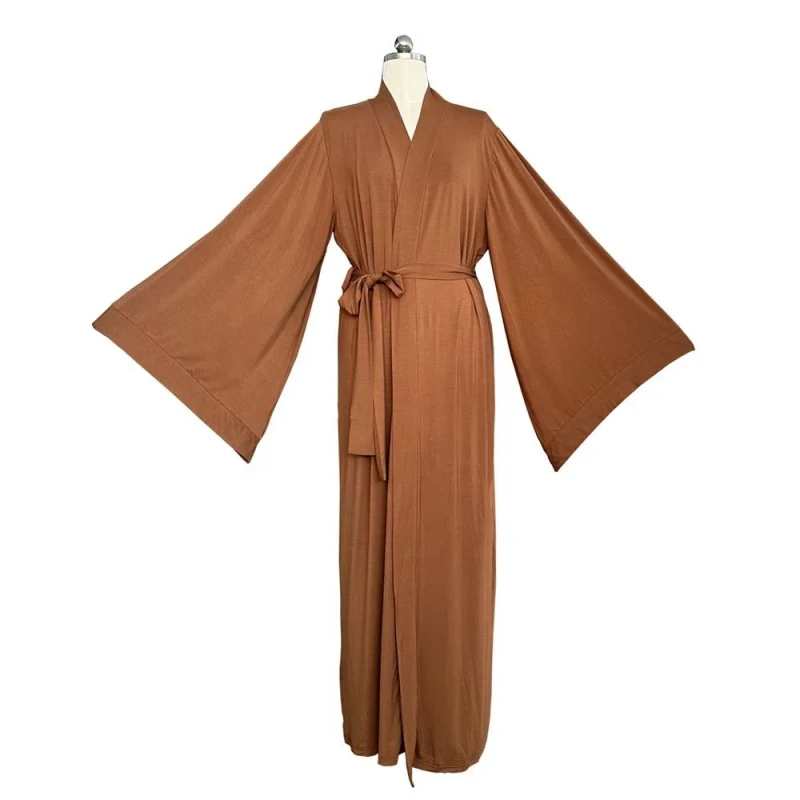 Women's 230GSM Modal Kimono Brown Robe V neck Long Knit Bathrobe Sleepwear Soft Wide Sleeves Casual Simple Elegant Luxury Robes