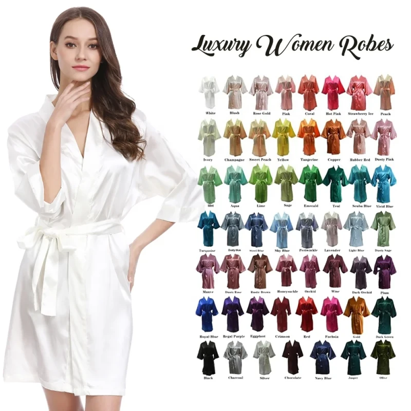 Women's 3/4 Sleeve Silk Satin Kimono Bride Robe Wedding Dress Solid Color Bridesmaids Sleepwear Summer Robe