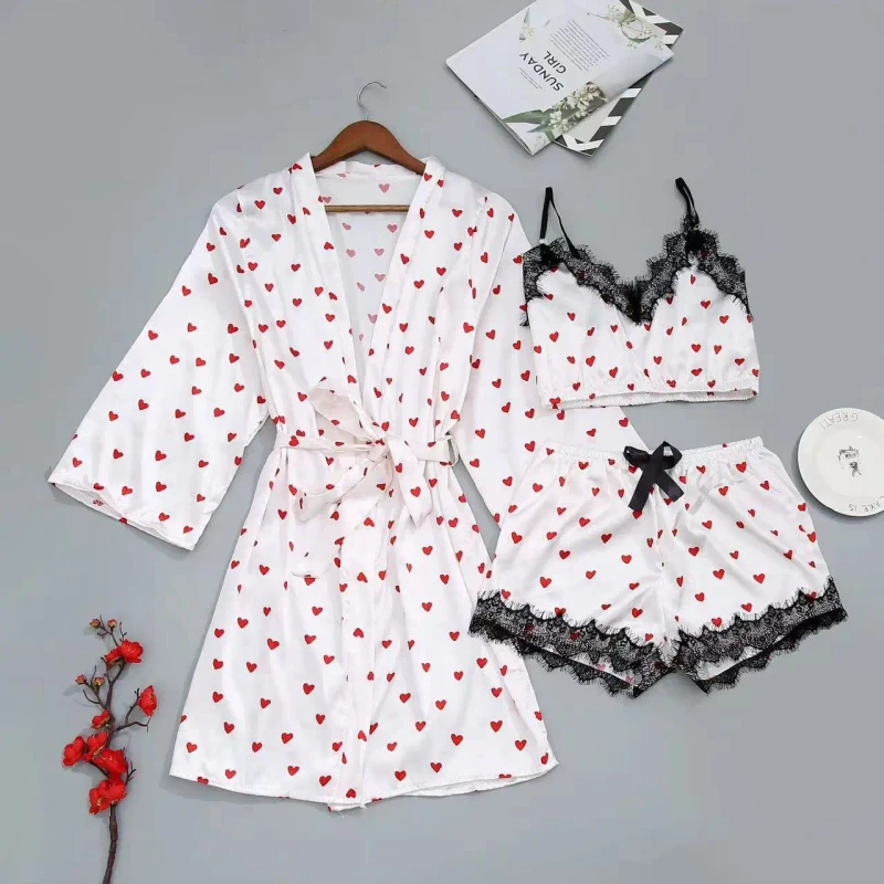 Women's 3 Piece Casual Autumn Winter Long Sleeve Breathable Satin Bamboo Cotton Letter Print Pajamas Set with Custom Logo