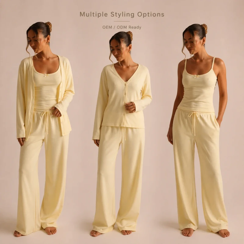 Women's 3 Piece Ribbed Knit Homewear Set Chic Lounge Wear for Ladies Summer Fall Pajamas