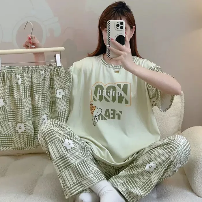 Women's 3-Piece Summer Pajama Set Short Sleeve Top, Shorts & Long Pants, Cartoon Print Lounge Wear, Custom Available