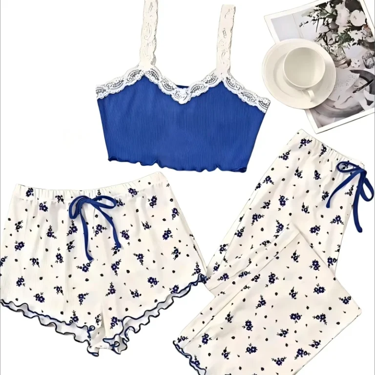 Womens-3-in-1-Soft-Sexy-Lace-Sleepwear-Set-Solid-Cami-Top-Flower-Print-Shorts-Elastic-Waist-Summer-Milk-Silk