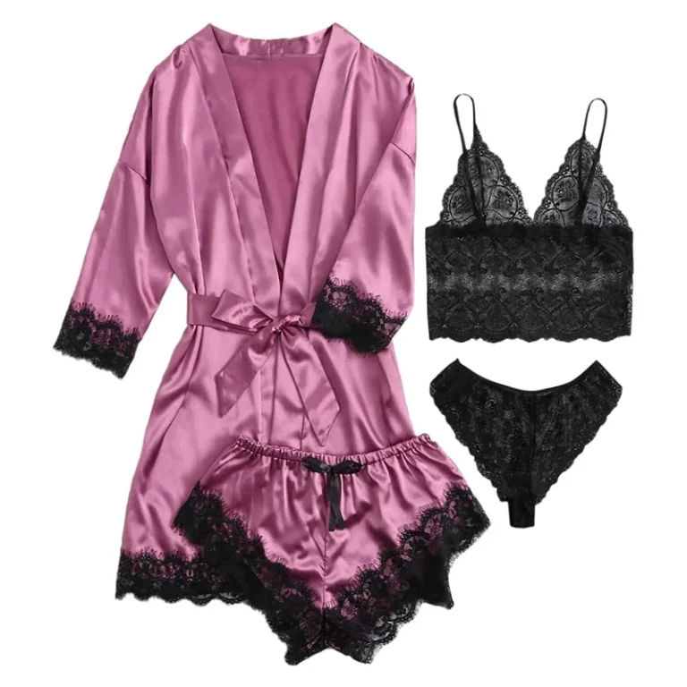 Womens-4-Piece-Satin-Sleepwear-Set-Robe-Nightgown-Camisole-and-Shorts