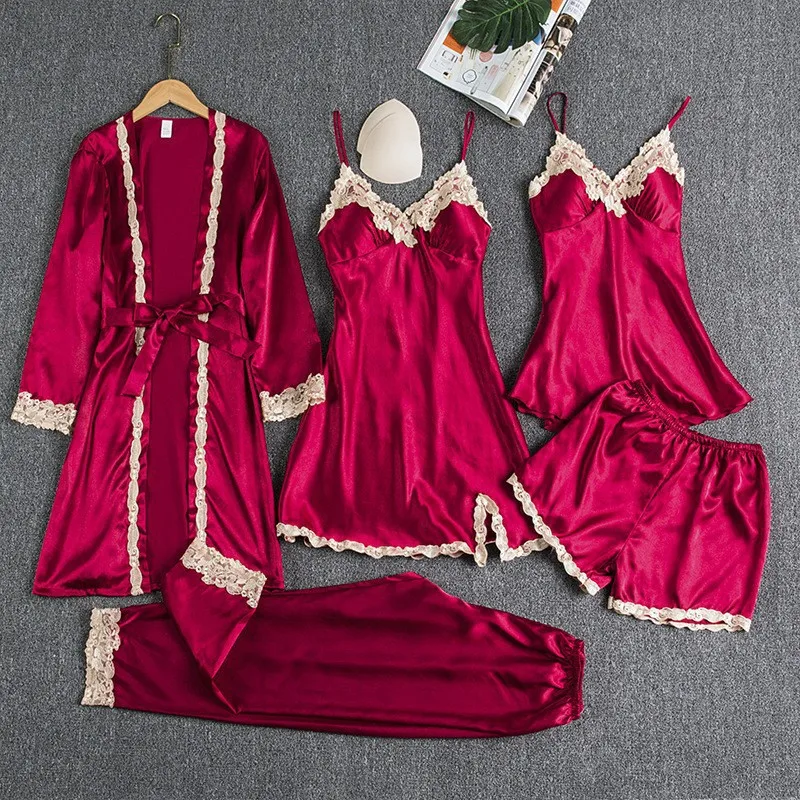 Women's 5 Pieces Pajama Set: Nightgown, Nightdress, Top, Shorts, Pants, Robe
