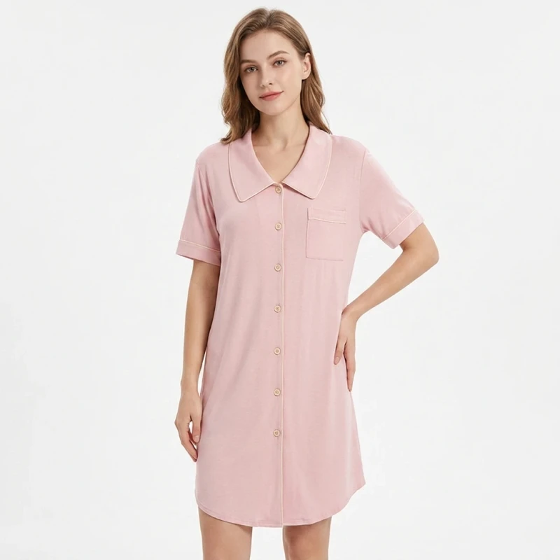 Women's Autumn Spring Summer Soft Knitted Short Sleeved Solid Modal Nightdress Shirt Dress
