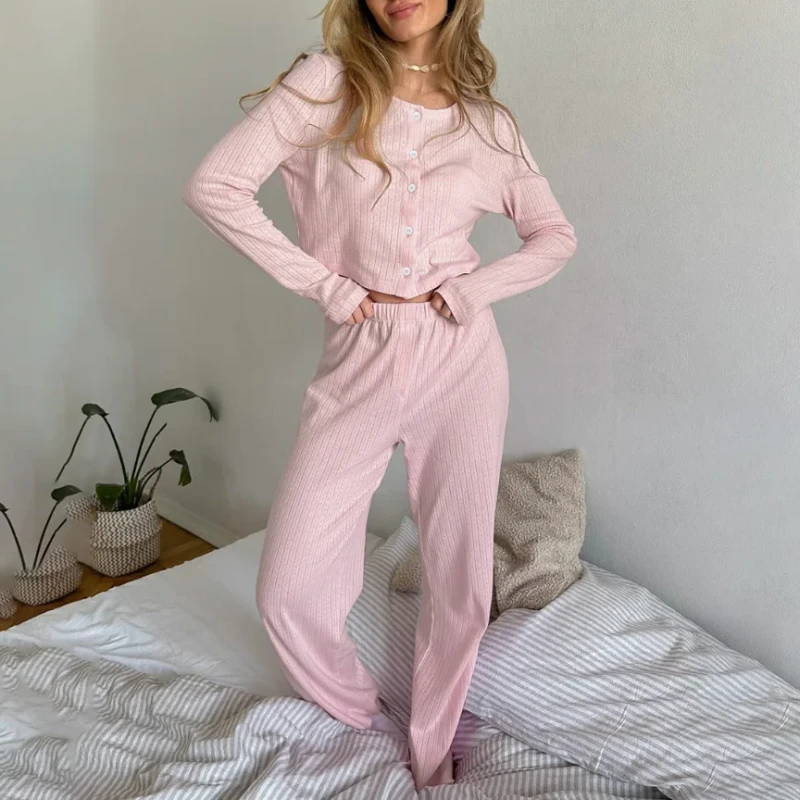 Women's Autumns Knitted Jacquard Cotton Pajama Set 2 Piece Round Neck Lounge Wear Breathable and Soft Sleepwear for All Season pajama set custom