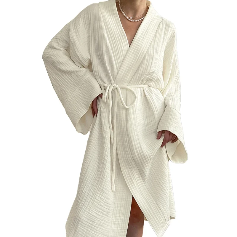 Women's Bath Robes V-Neck Nightwear Loose Sleeves Natural Cotton Muslin Spa Robe Belt Breathable Solid
