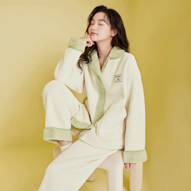 Women's Beige Fluffy Fleece Winter Pajamas Set Soft Breathable with Green Trim & Cute Patch for Cozy Loungewear