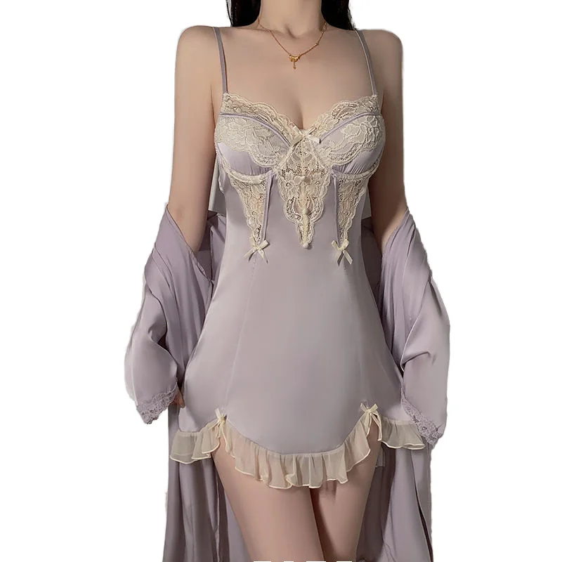 Women's Black Satin Lace Halter Chemise Nightgown with Built-In Bra Cup Twist Knot