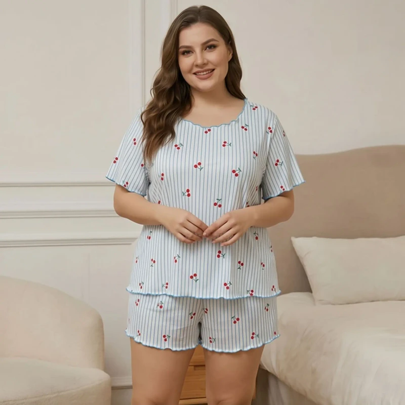 Womens Breathable Pajama Set Summer Short Sleeve Shorts Two Piece Set Sweet Floral Print Loungewear Simple