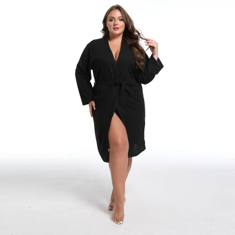 Womens-Breathable-Waffle-Weave-V-Neck-Full-Length-Long-Sleeve-Casual-Vacation-Robe-Drawstring-Closure-Summer-Autumn-Spring