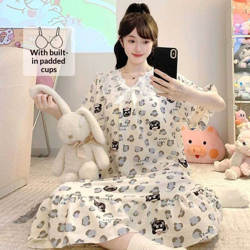 Women's Breathable Woven Cloud Cotton Lace V-Neck Pullover Short Sleeve Mid-Length Nightdress Fixed Chest Pads