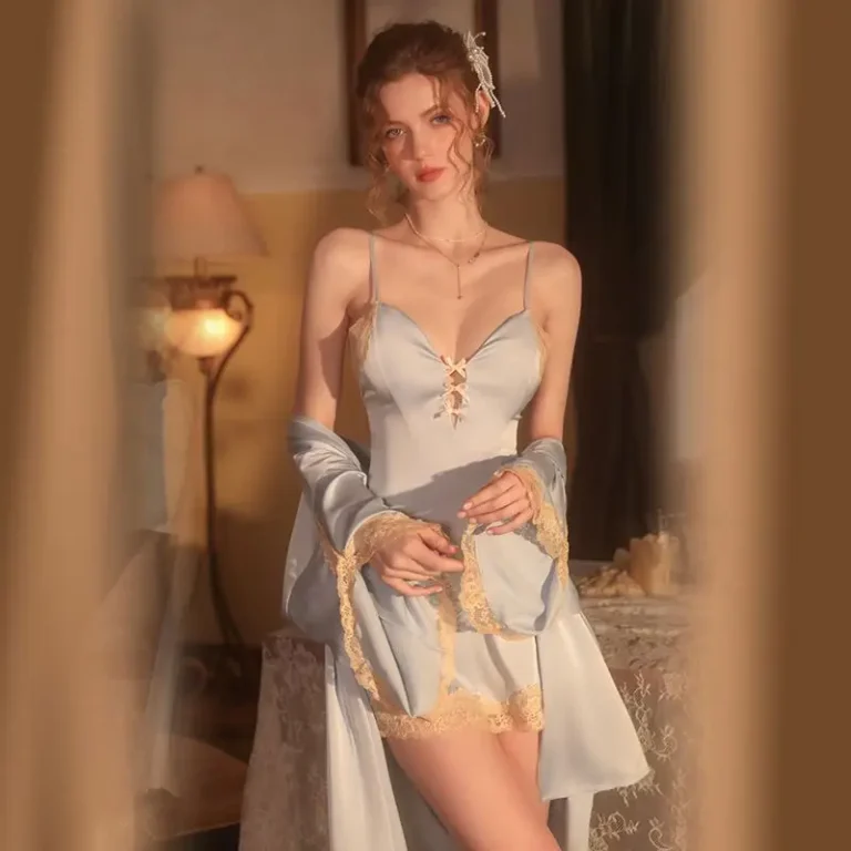 Womens-Canary-Lace-Camisole-Pajama-Gown-Set-Sleepwear-Solid-Satin-Contrast-Lace-Nightdress-and-Robe-Sexy-Pajamas-Set