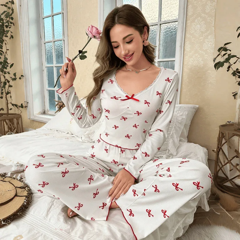Women's Casual Autumn Floral Printed V neck Knitted Long Sleeve Pajamas with Front Logo Elastic Waist Breathable 2 Piece Set