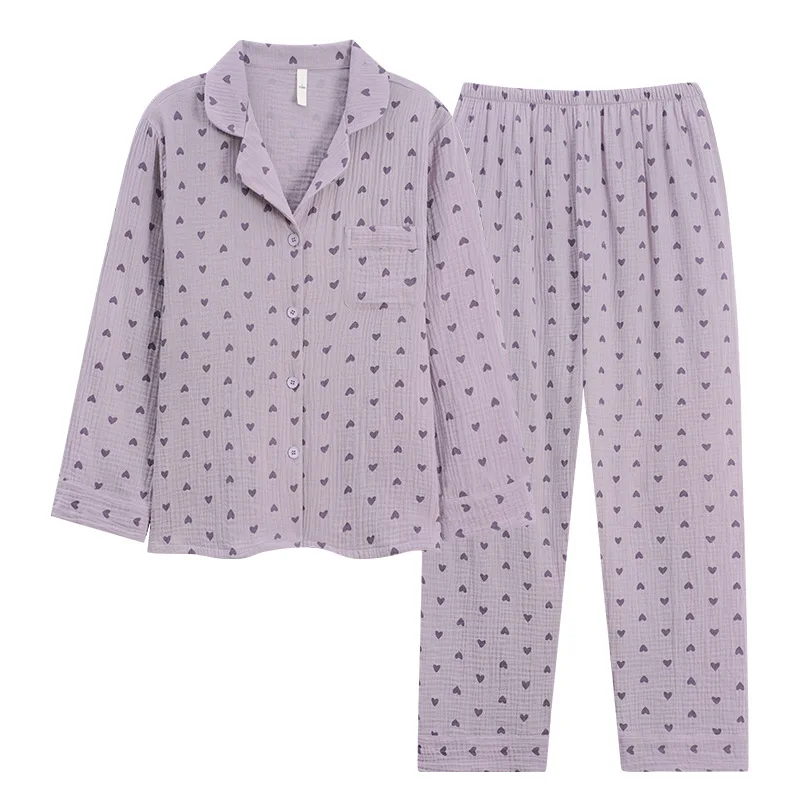 Women's Casual Elastic Waist Cotton Long Sleeve Breathable Pajama Set with Open Shirt and Long Pants for Spring Autumn