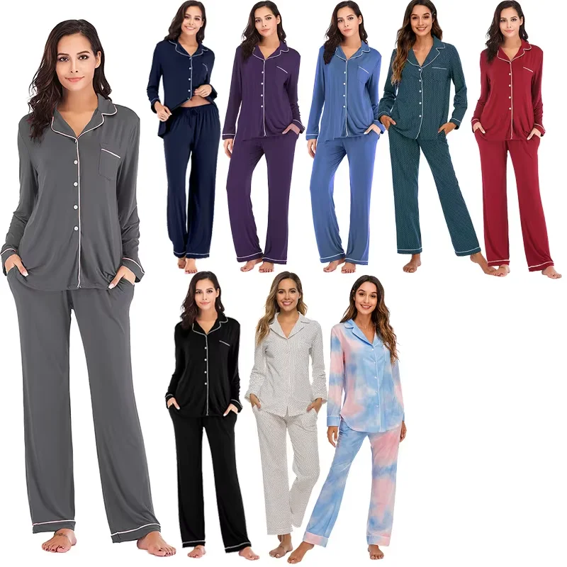 Women's Casual Fashion Long Sleeve Modal Elegant Soft Breathable Sleepwear Set with Elastic Waist All Season Loungewear