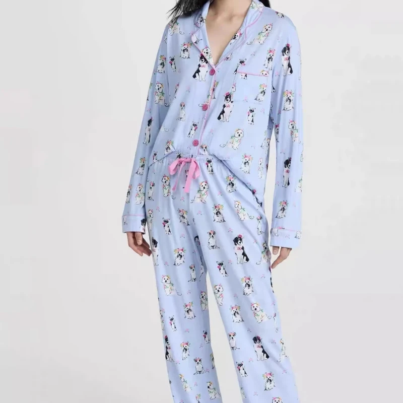 Women's Casual Nightwear Set Long Sleeve Button Front Top Full Length Pants Pajamas with Cartoon Print
