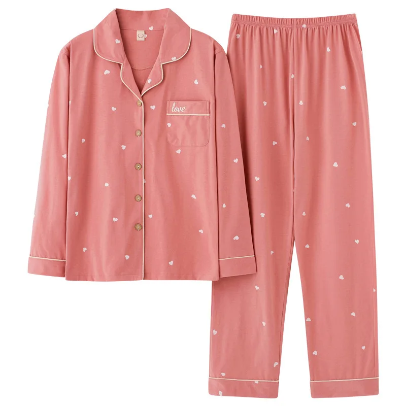 Women's Casual Spring Autumn Pajamas Double Sided Cotton Long Sleeve Pocketed Home Wear Plus Size Sleepwear