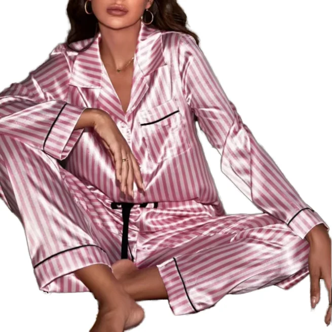 Women's Chic Striped Satin Pajama Sets Smooth Elastic Waist Floral Pattern Summer Spring Style