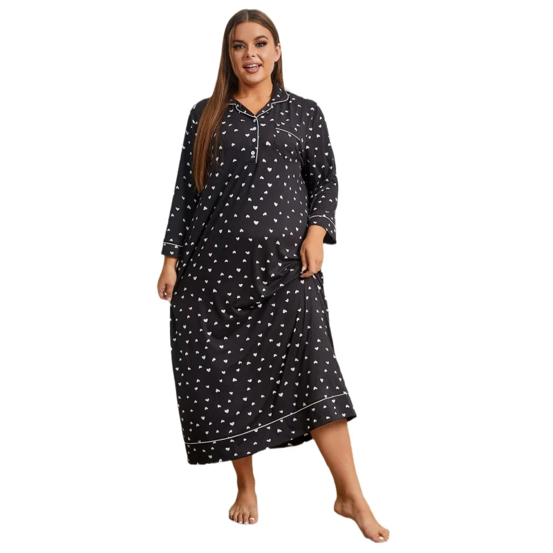 Women's Comfortable Smooth Soft Long Sleeve Nightdress Printed Silk Milk Bathrobe Plus Size Robes Sleepwear Pajamas Nightgowns