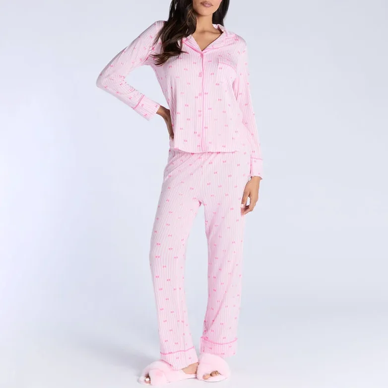 Women's Contrast Piping Stripe Bow Pattern Modal 2 Piece Pyjama Set Long Sleeve Top High Waist Pants Elastic Waist Breathable pajama set custom