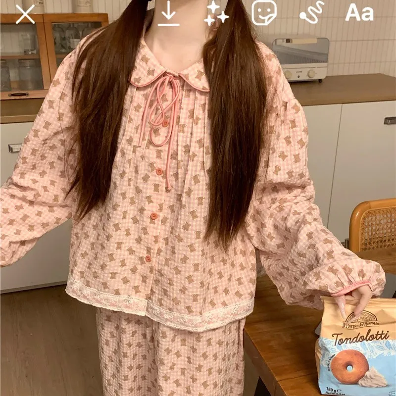 Women's Cotton Knitted O Neck Long Sleeve Puff Printed Vacation Style Pajamas Breathable Soft Elastic Waist