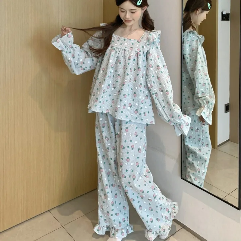 Women's Cotton Knitted Pajamas Long Sleeve Nightdress Vintage Lace Trim Sweet Small Floral Print for Spring Autumn ODM Supply