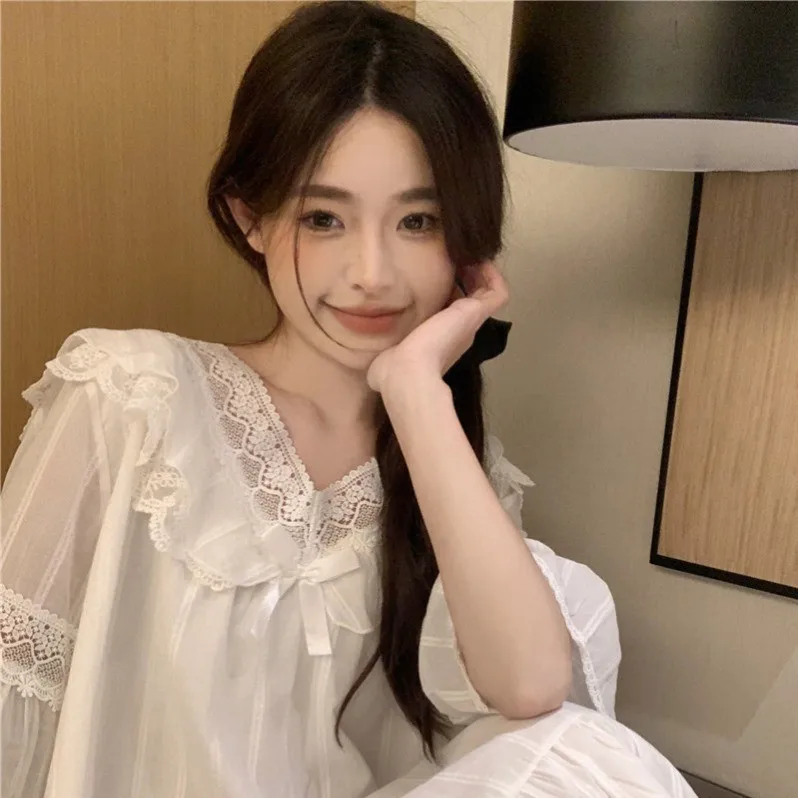 Women's Cotton Knitted Pajamas Vintage Lace Trim Long Sleeve Nightdress Spring Autumn Soft Breathable Elastic Waist Full Length