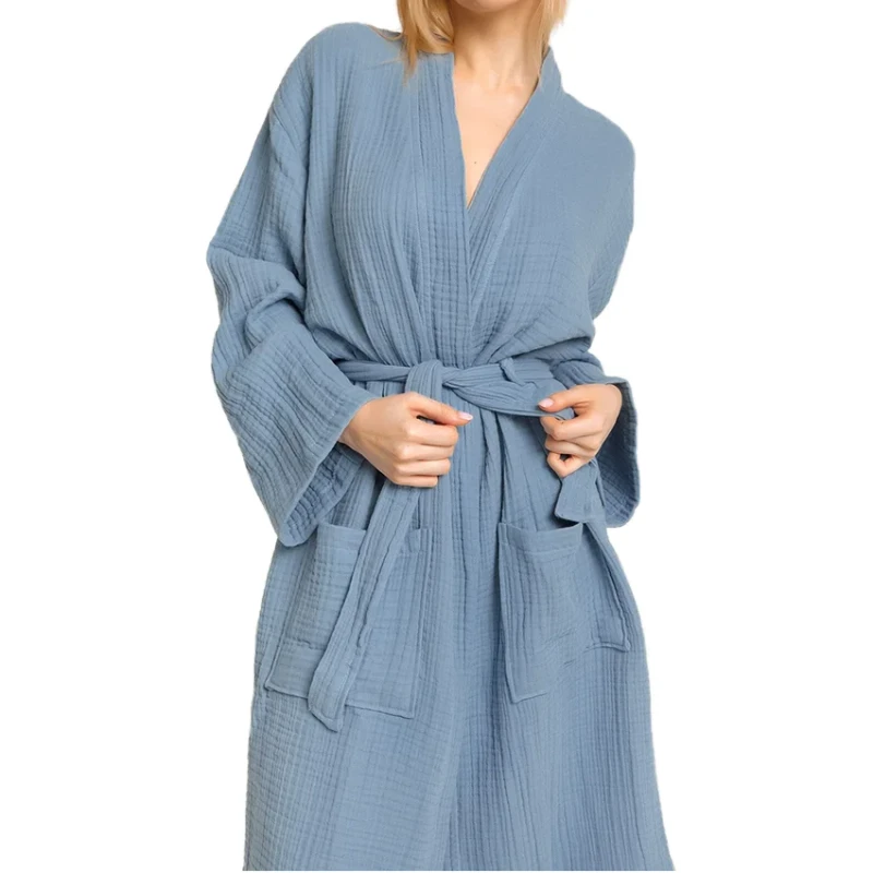 Women's Cotton Robes V-Neck Long Sleeves Sleepwear with Pockets Belted Bathrobe for Spring and Winter Muslim Sleepwear