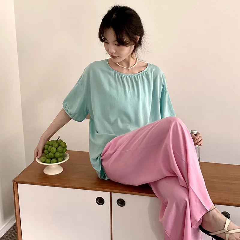 Women's Cotton Silk Color blocking Pajamas Short sleeve Long Pants Set Breathable Comfortable Thin Style Plus size
